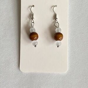 Hand Crafted Brown and White Dangle Earrings with Wooden Beads